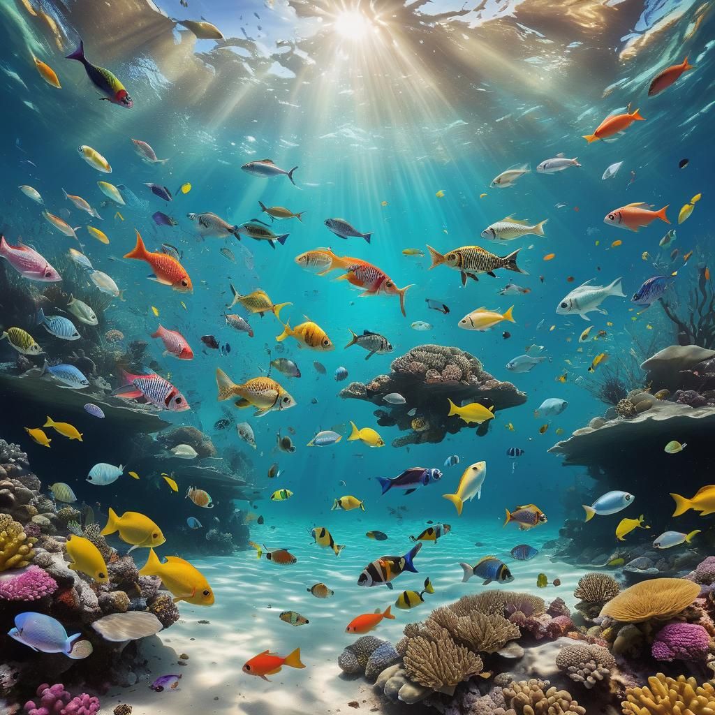 Vibrant Underwater Scene with Swimmers and Colorful Fish