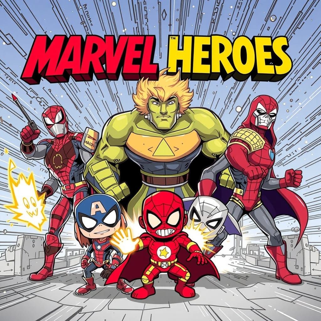 Cartoon Marvel Heroes in 2D Comic Style