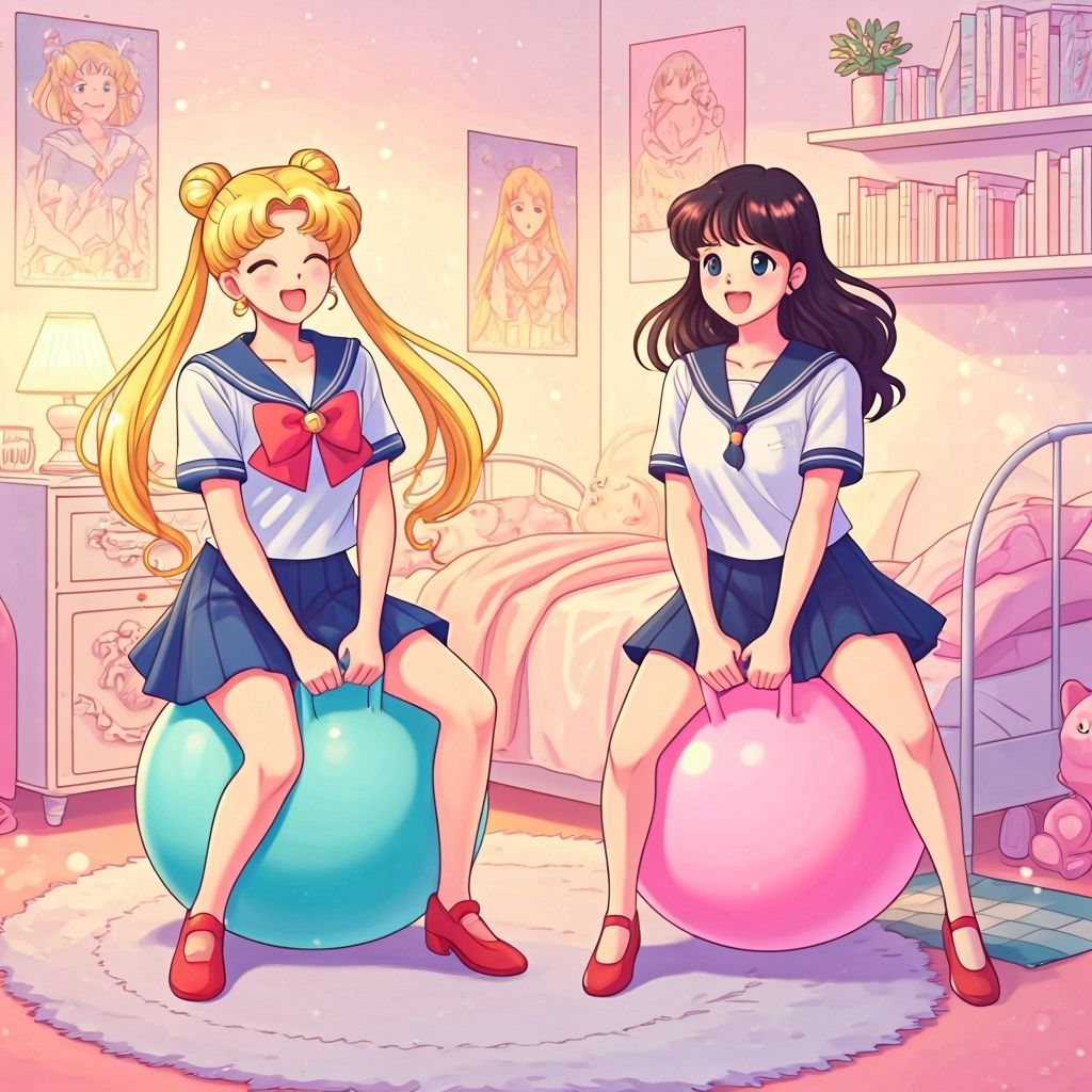 Usagi and Minako Bouncing in Anime-Themed Bedroom