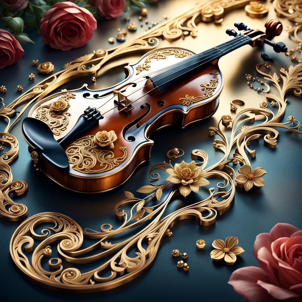 Filigree Violin with Gold Threads and Jewel Details