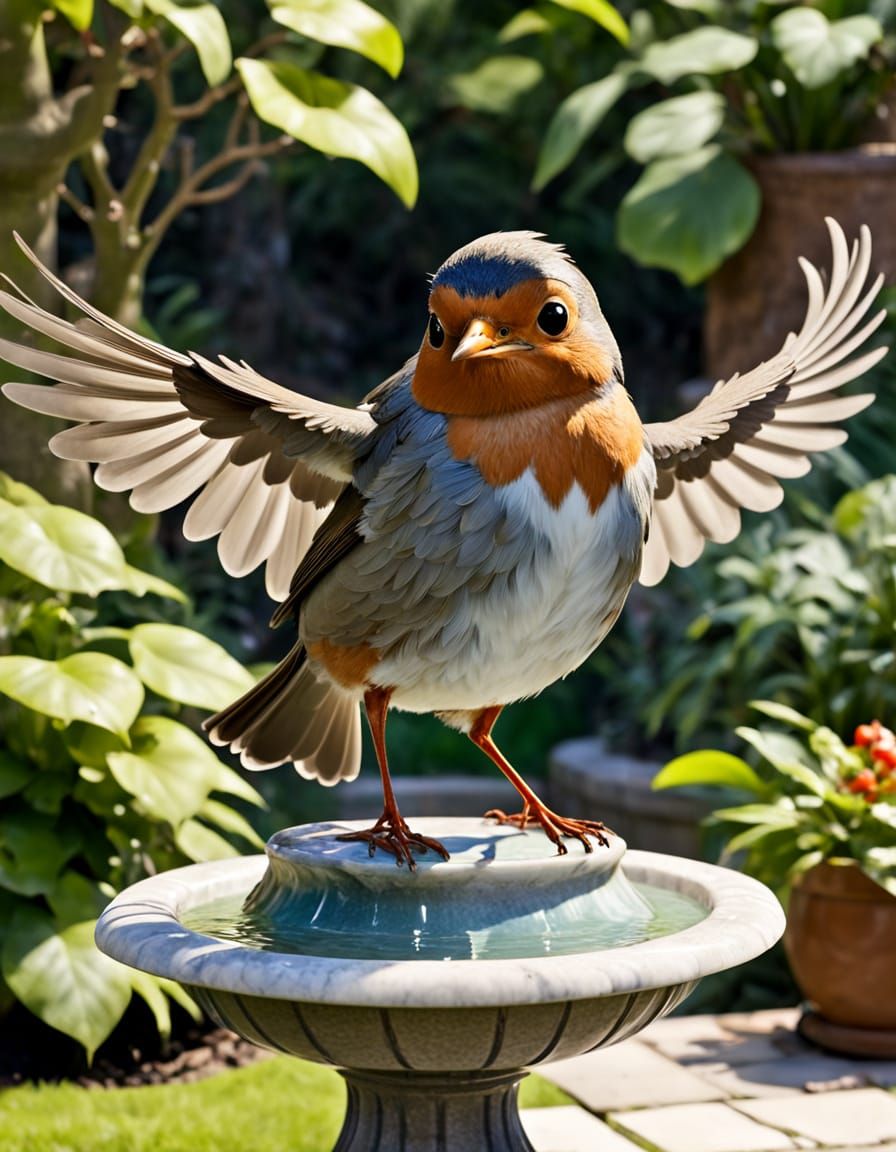 Proud Robin on Birdbath, Aardman Animation Style
