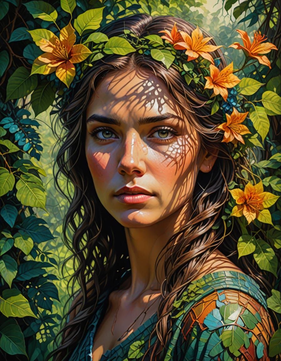 Cyborg Goddess in Textured Oil Painting Masterpiece