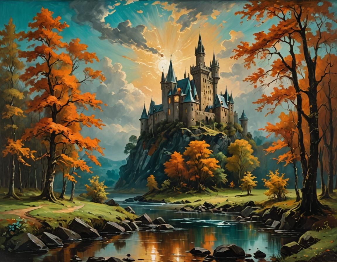 Medieval Castle in Forest Oil Painting