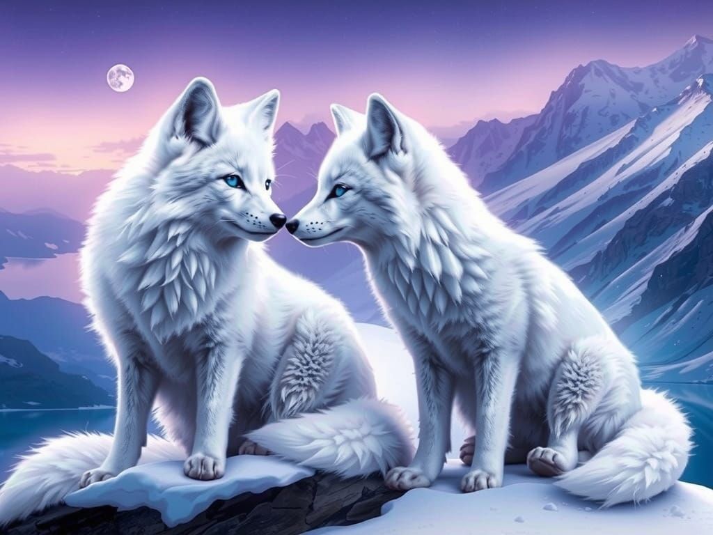 Two Majestic White Arctic Foxes Bask in the Glow of a Purple...