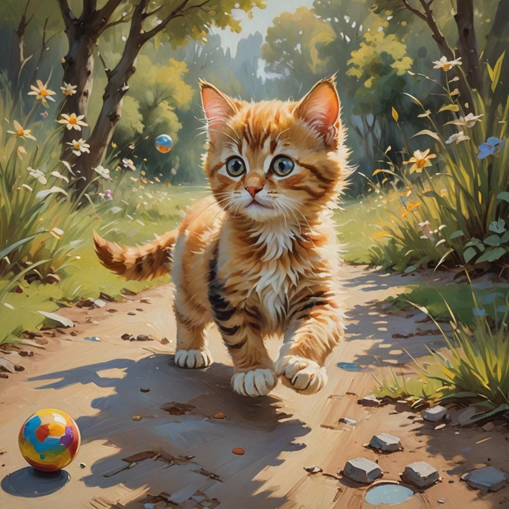 Cartoon Kitten in Whimsical Landscape: Oil Painting