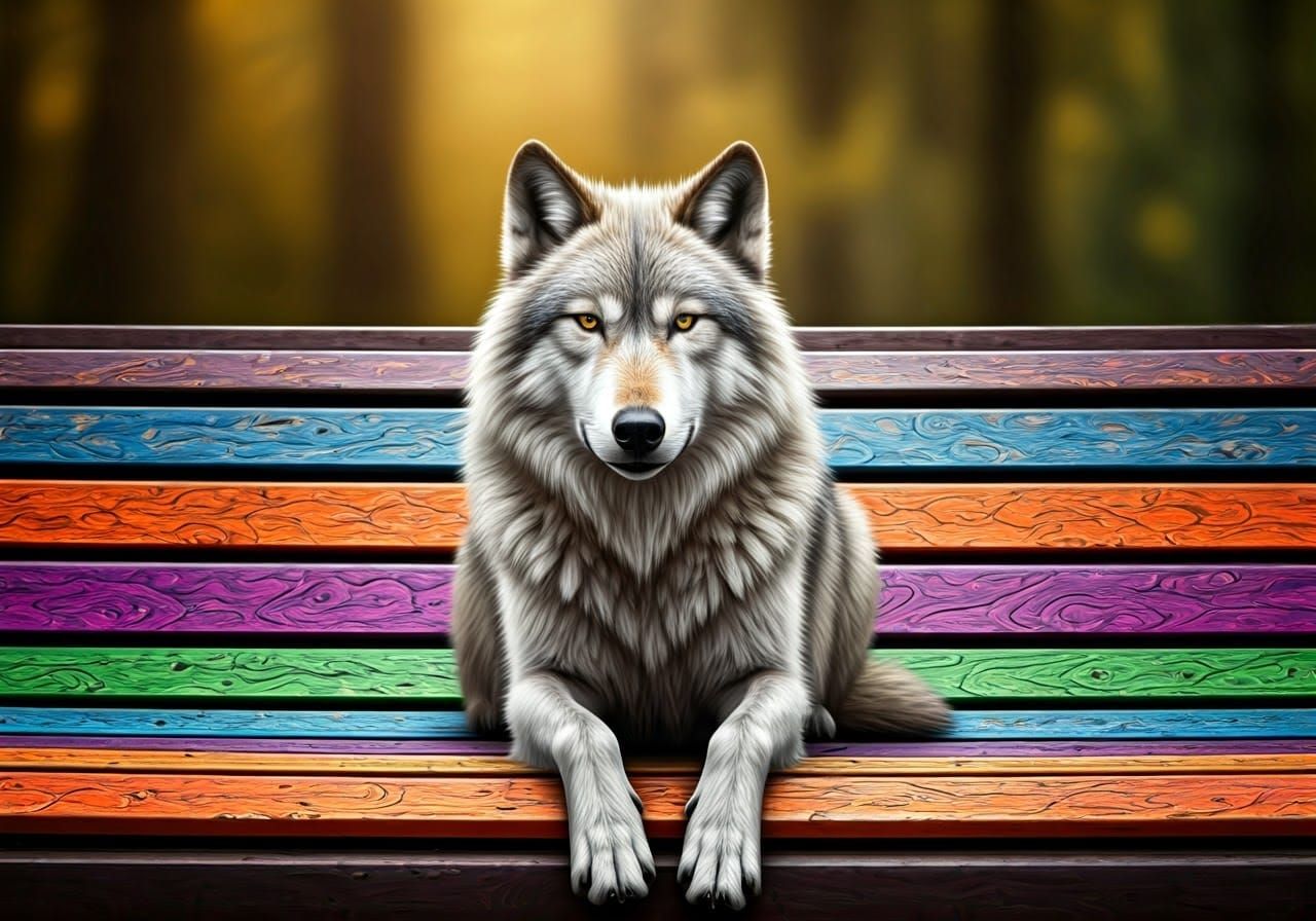 Wolf on Vibrant Park Bench in Regal Pose