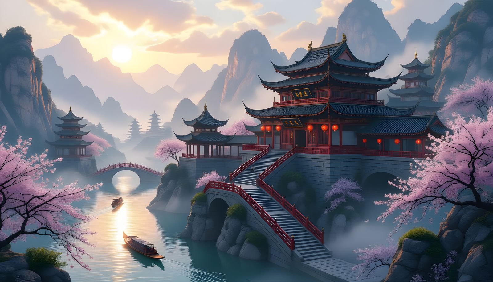 Majestic Chinese Mountain Temple in Anime Style