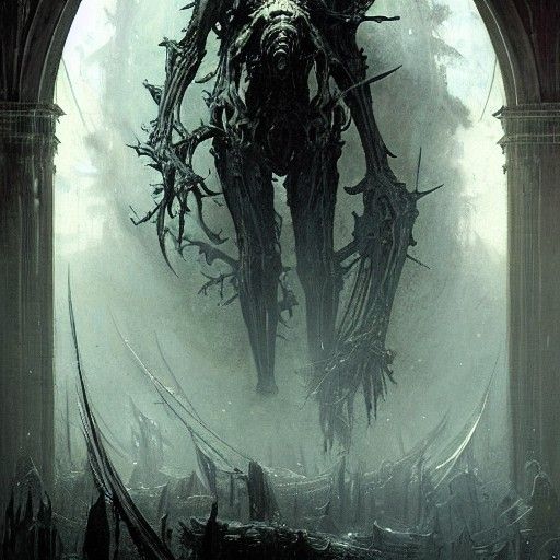 Biomechanical Predator in Horror Etching Style