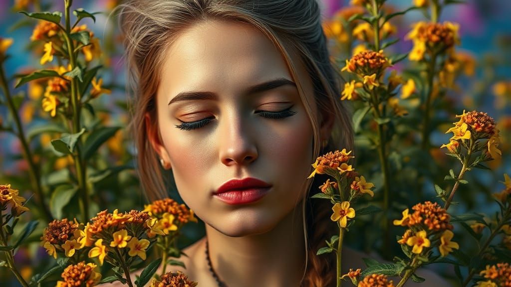 Hyperrealistic Woman in Lemon Balm Field