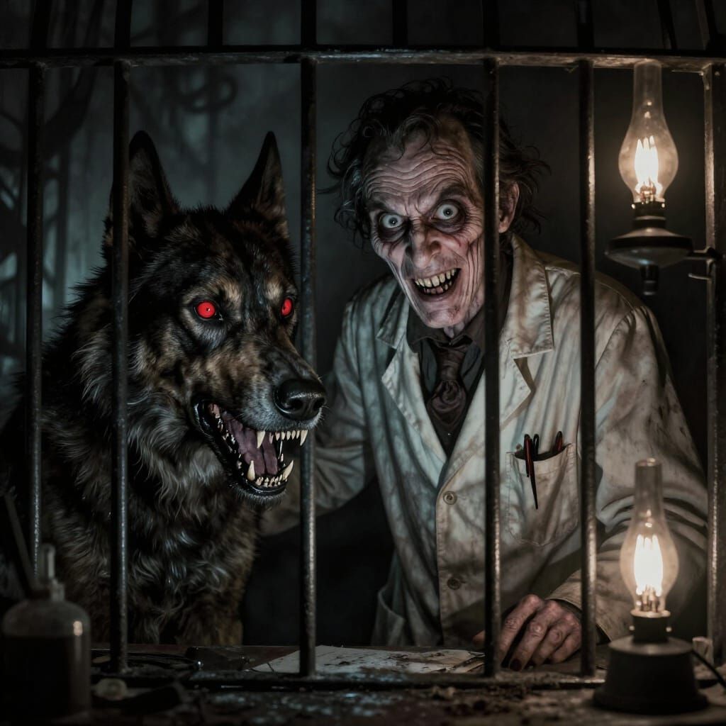 Mad Doctor Confronts Caged Hellhound in Gothic Horror Style