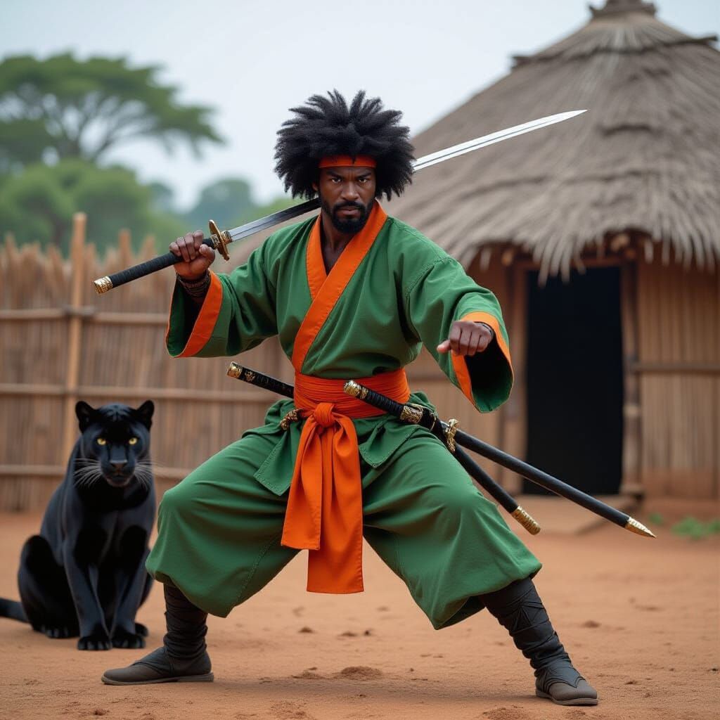 African Warrior with Panther in Kung-Fu Stance