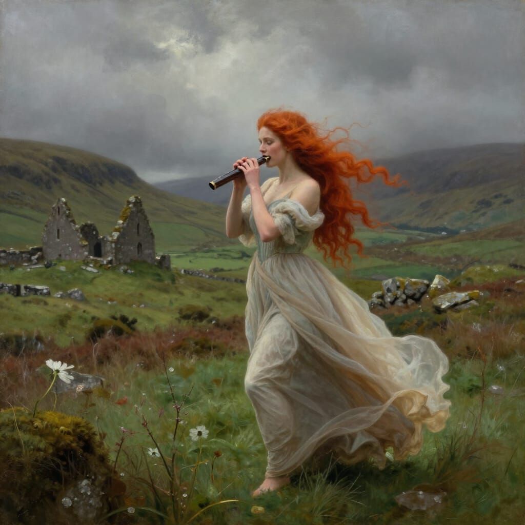 Mythical Irish Woman Playing Ocarina in Misty Landscape