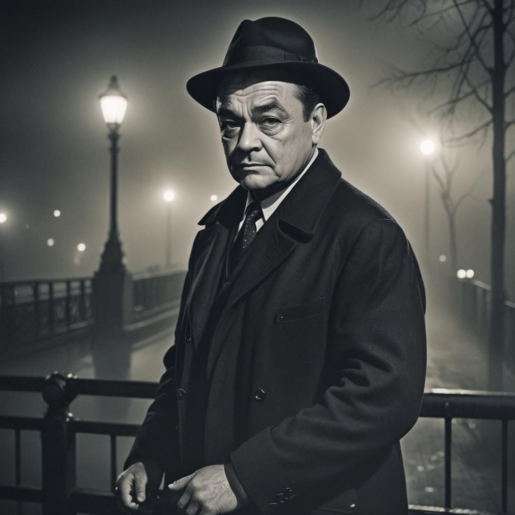 Moody Film Noir Portrait of Edward G Robinson in Foggy Night...