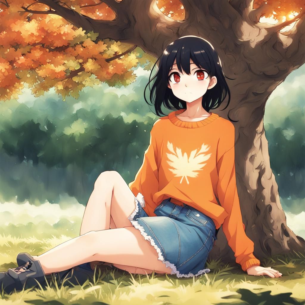 Anime Style Woman Relaxing Under Oak Tree