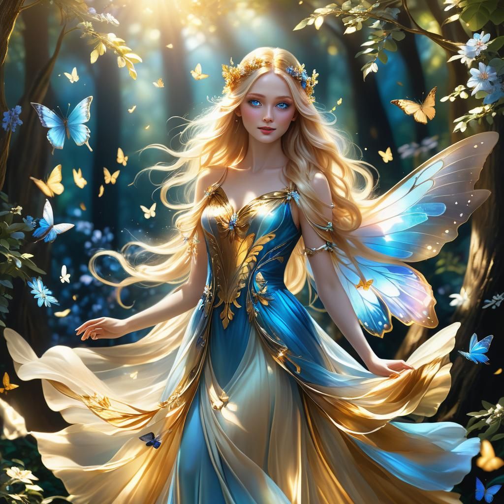 A young innocent fairy with long flowing gold hair.