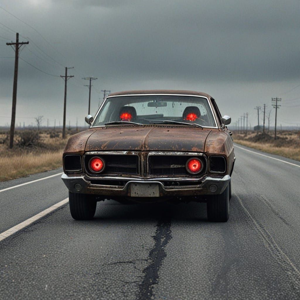 Haunted Rusted Car on Desolate Road
