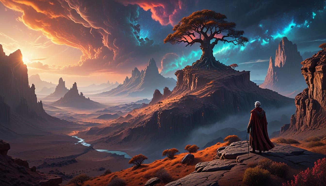 Elf Wanderer on Alien Desert Cliff Overlooking Nebula Sky