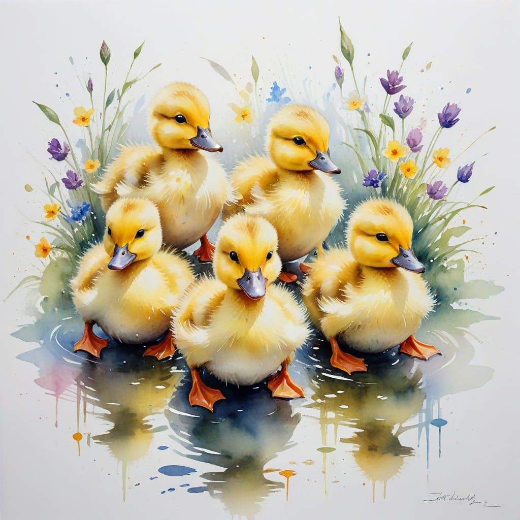 Cheerful Ducklings Painting with Watercolor Techniques