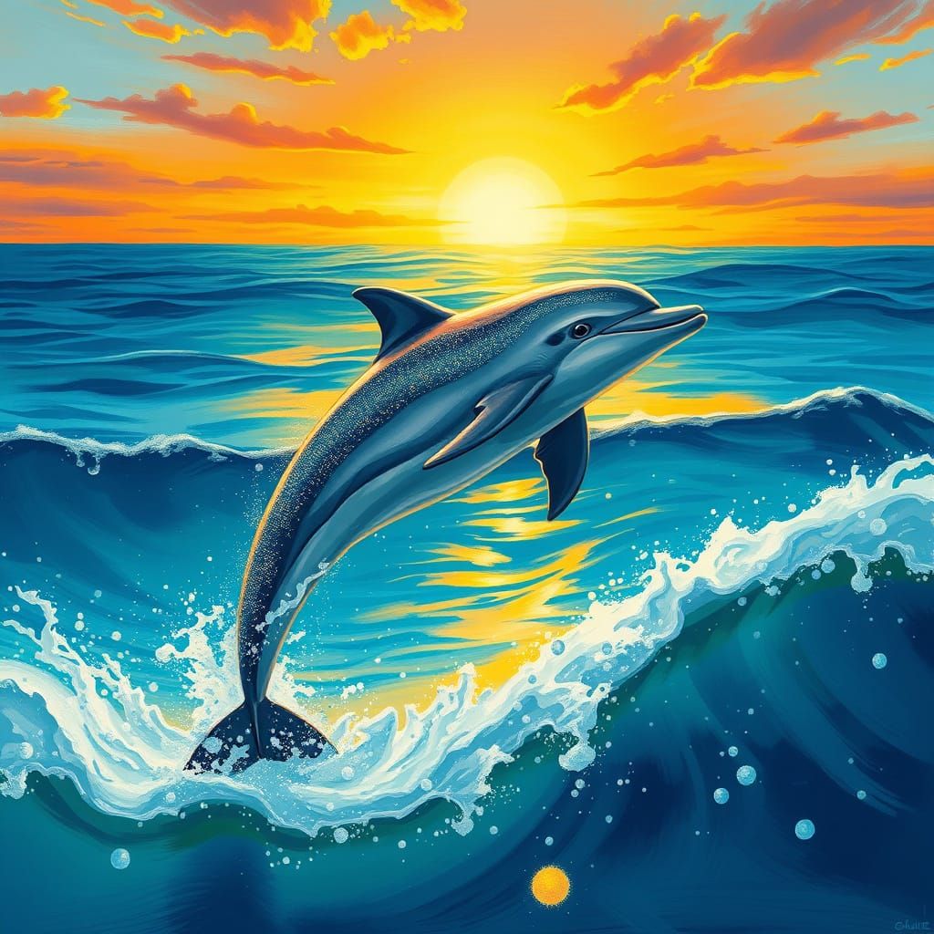Playful Dolphin Leaping at Sunrise in Vibrant Colors