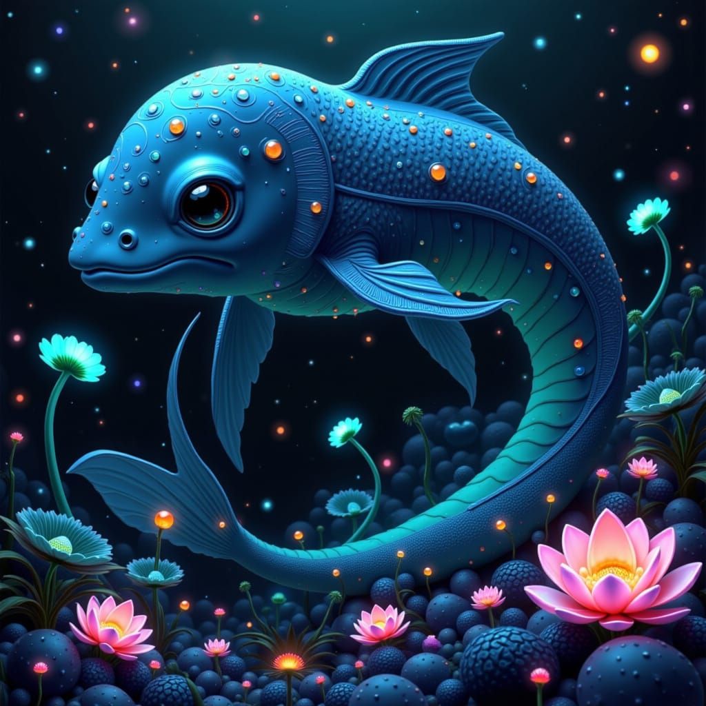 Iridescent Merman in Space: Manga-Style Bioluminescent Art