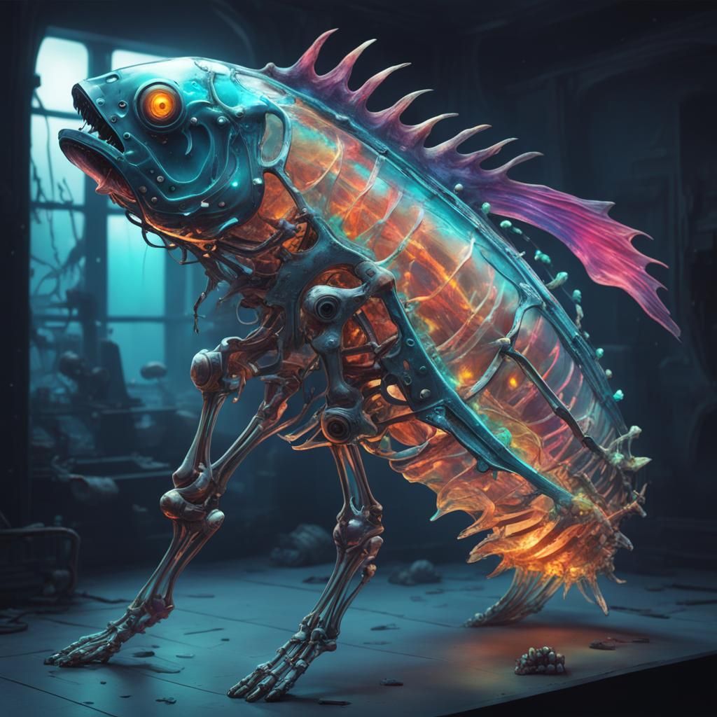 Glowing Glass Cyborg Deep Sea Fish Skeleton