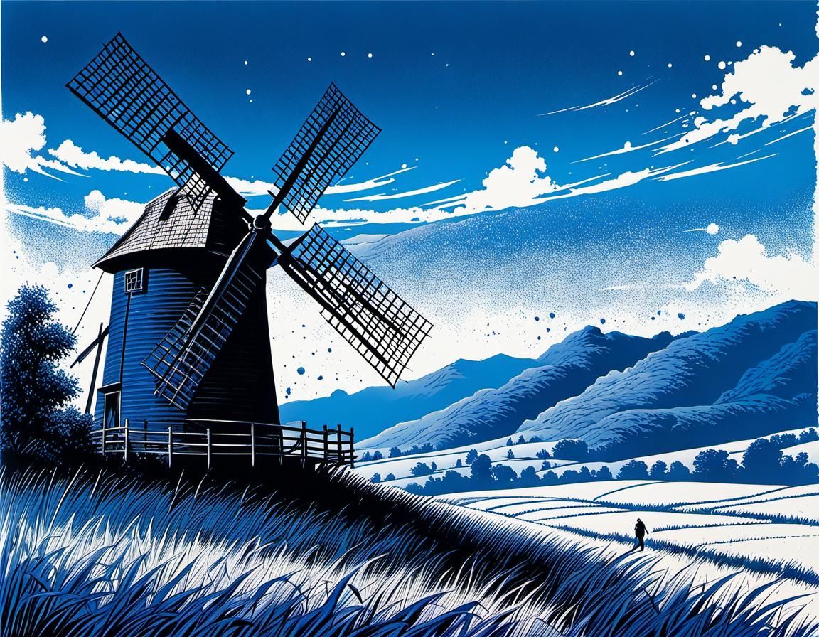 Autumn Windmill: A Blue Ink Fantasy Drawing