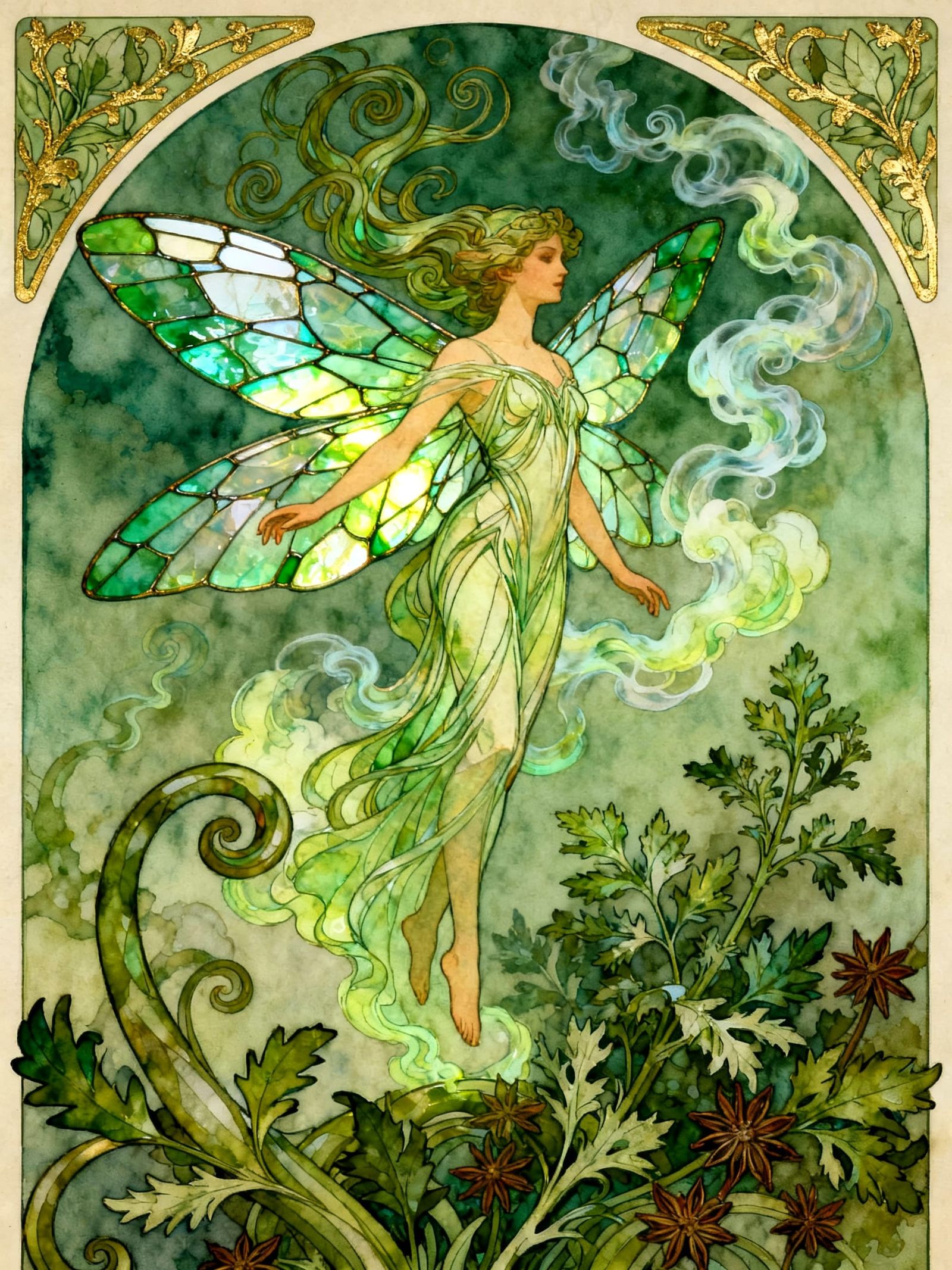 Art Nouveau Absinthe Fairy with Stained Glass Wings
