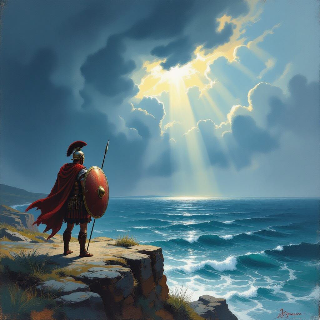 Roman Legionnaire on Cliff Overlooking Turbulent Sea