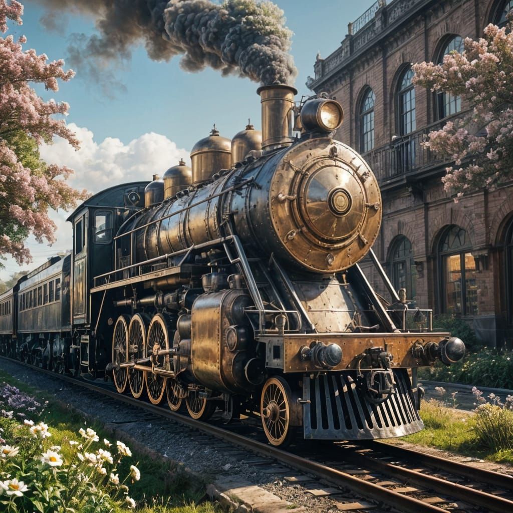 Majestic Steampunk Train Chugs Through Vibrant Cityscape