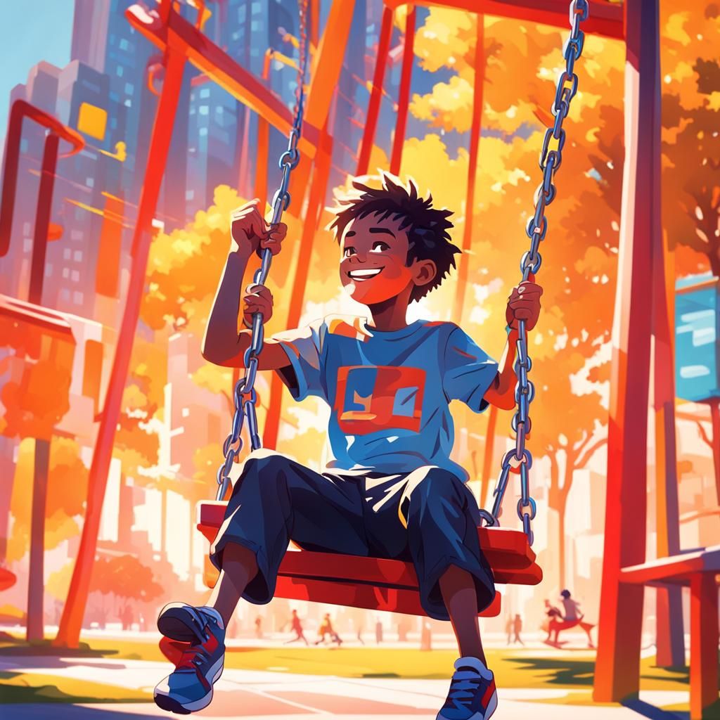 Boy on Swing Set: Vibrant Digital Art