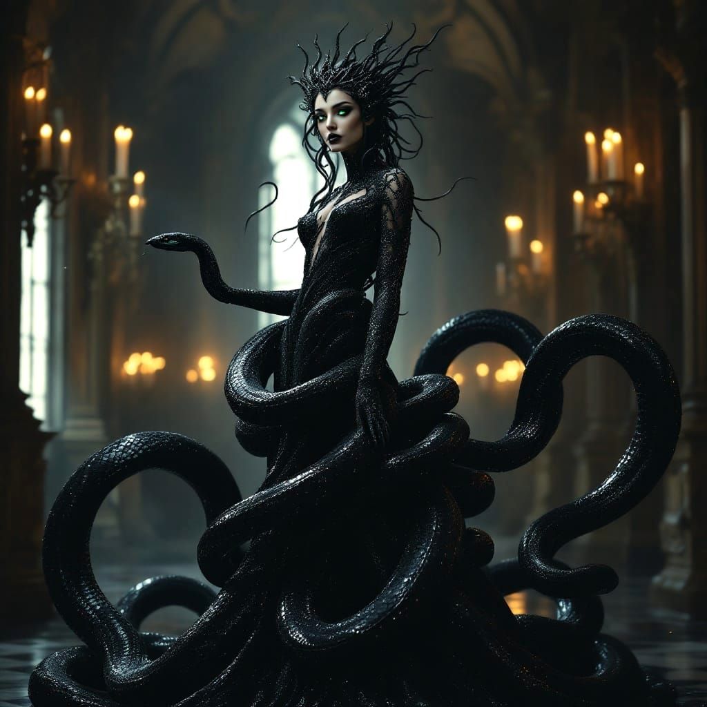 Majestic Black Snake Princess Dances in Abandoned Ballroom