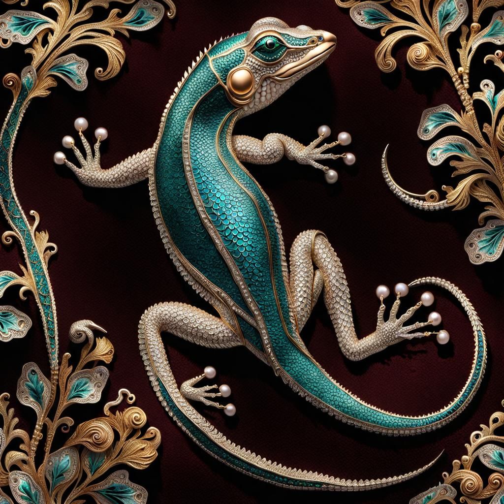 Metal Lizard on Velvet in Faberge Style