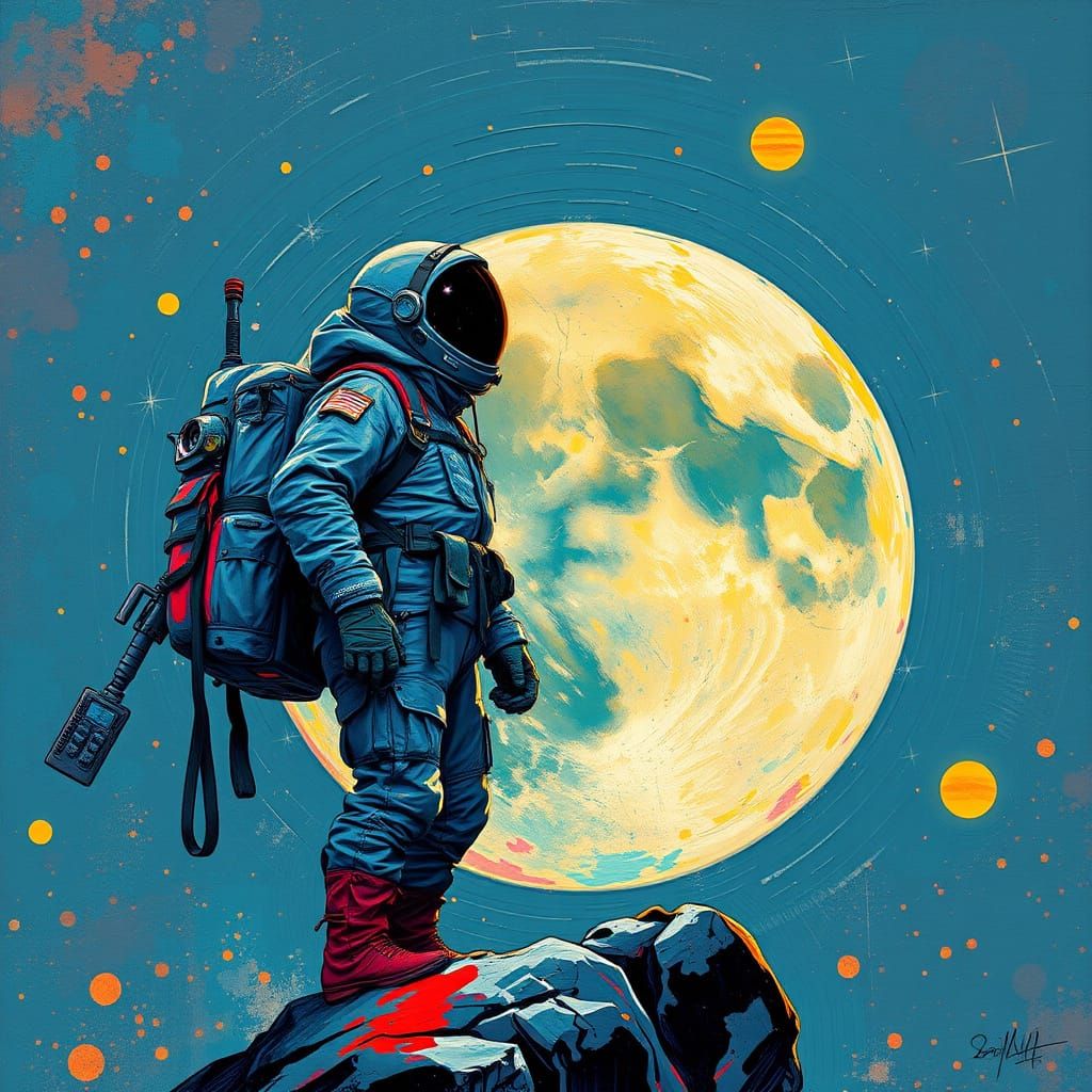 Courageous Space Explorer on Distant Moon with Twin Suns