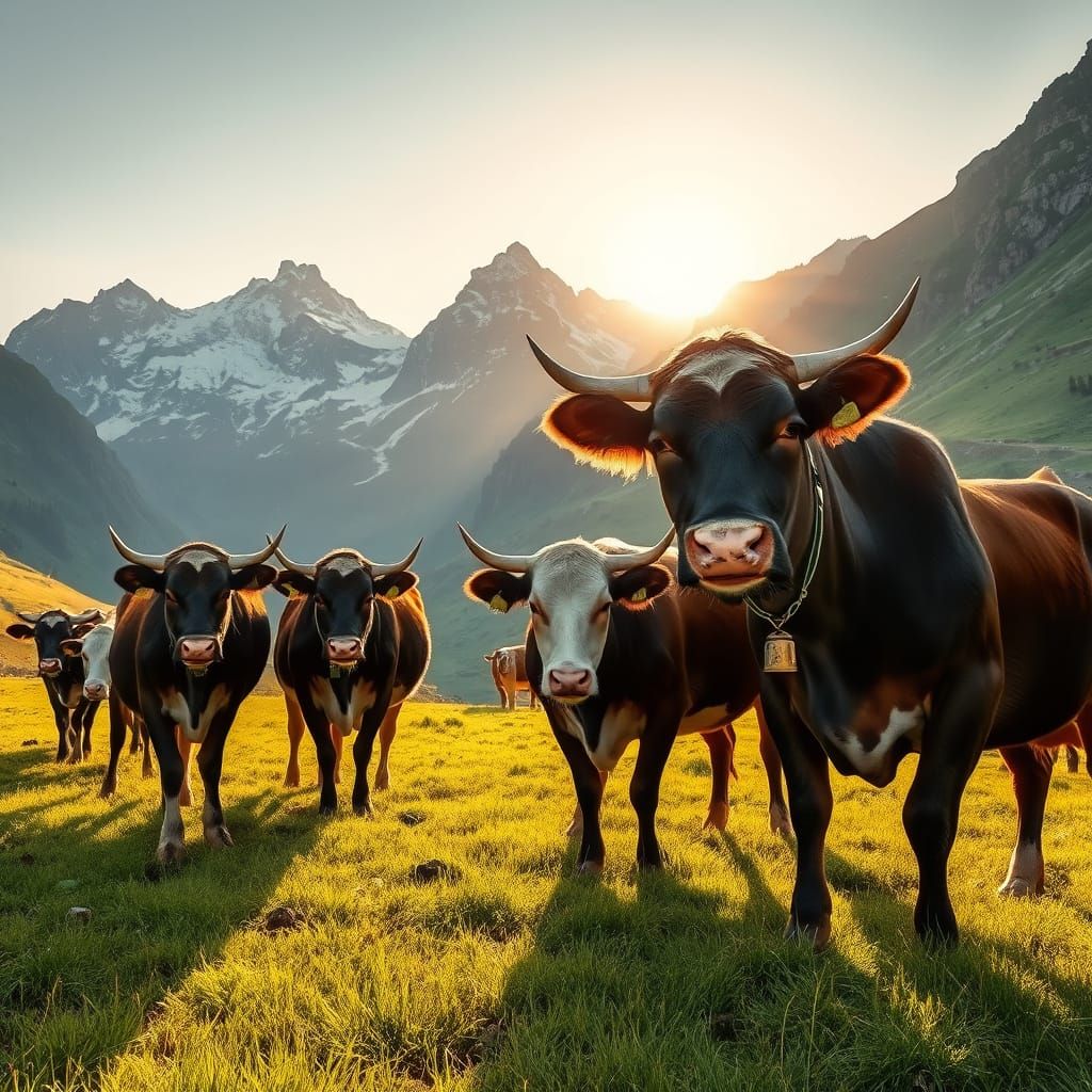 Cows Grazing in the Alps at Golden Hour