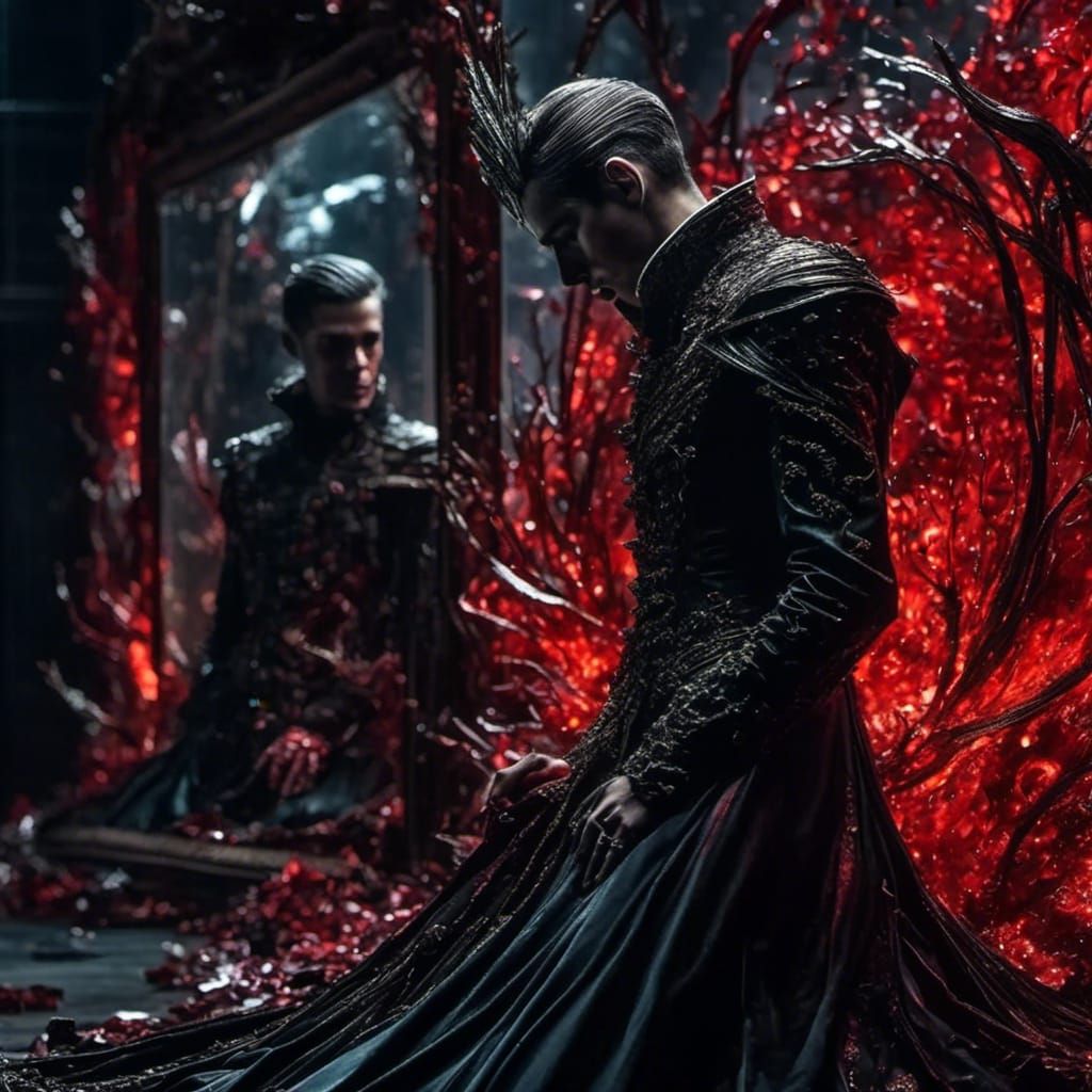 Dark Fantasy Figure Gazing into Shattered Mirror