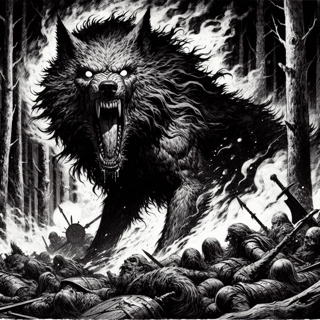 Ferocious Fenrir Howls in Nordic Forest Aftermath