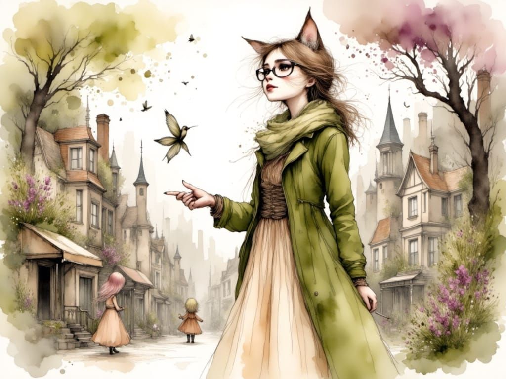 Cat Woman in City Street Scene as Watercolor Art