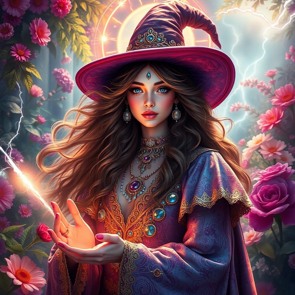 Mystical Witch Casting Spell in Aetherpunk Style