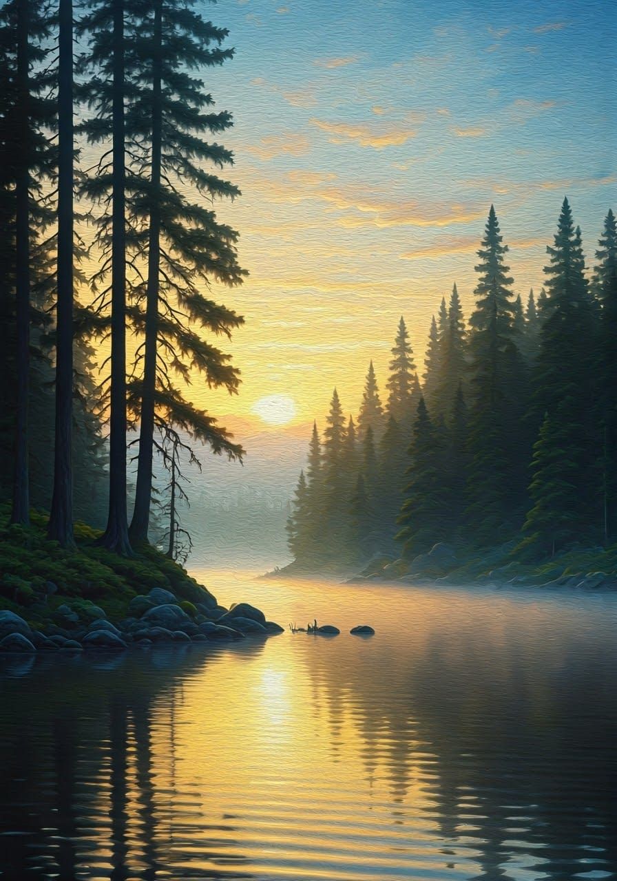 Majestic Dawn Over Lake: Romantic Landscape Painting