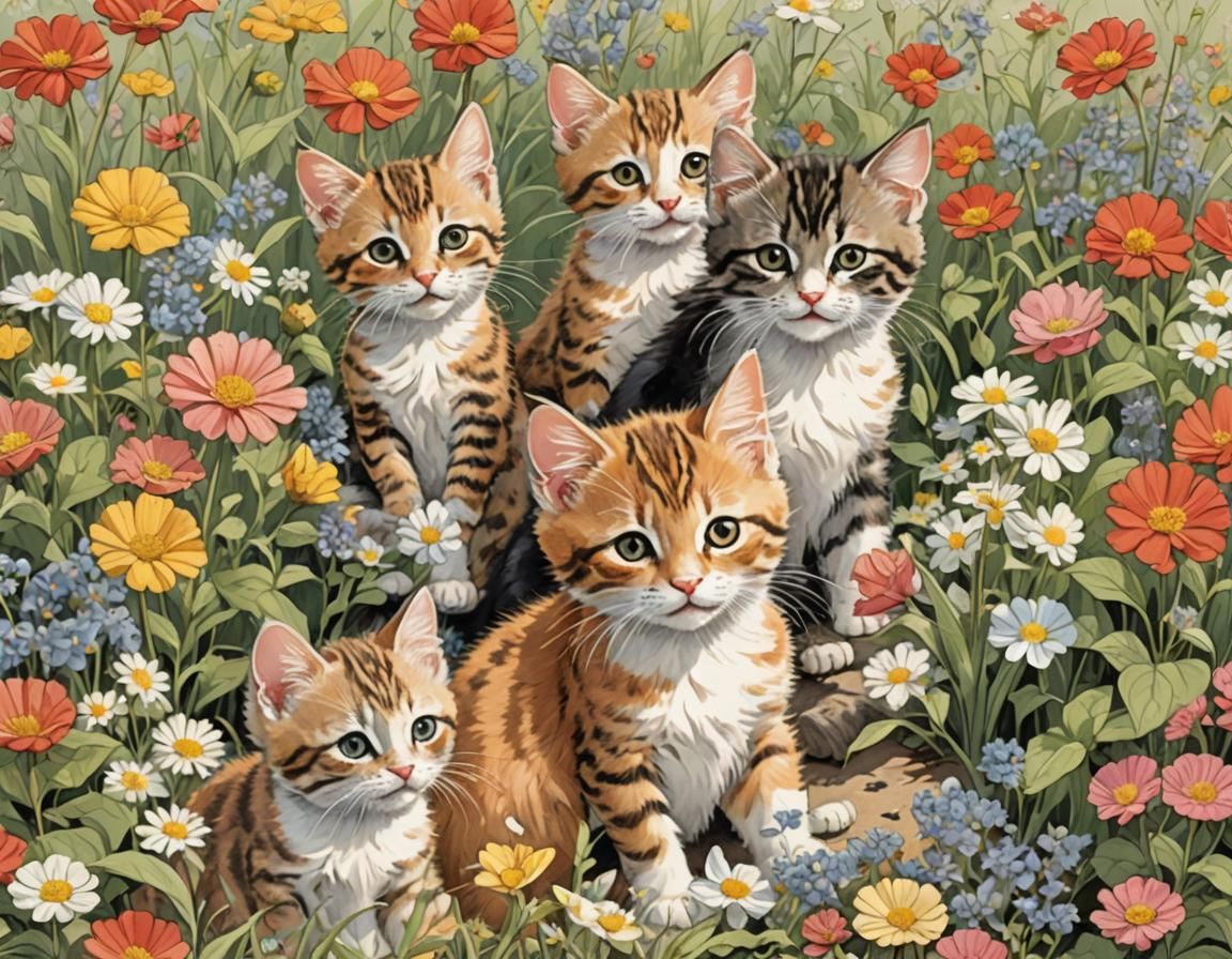 Playful Kittens in Flower Garden Illustration