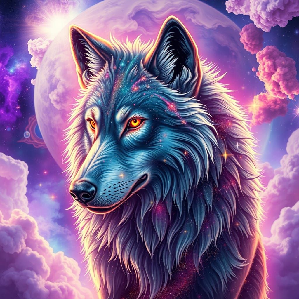 Glowing Cosmic Wolf in Vibrant Nebula Landscape