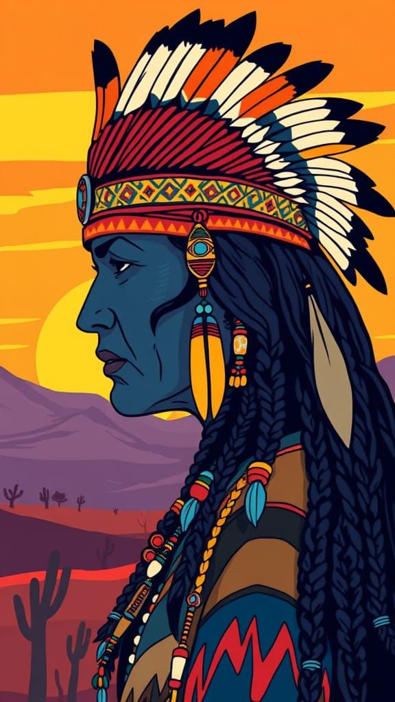 Contemplative Native American Figure in Vibrant Headdress