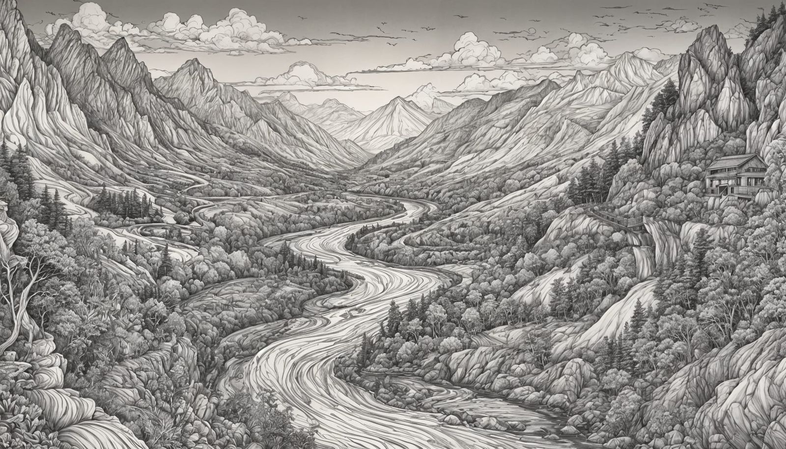 Doodle River Landscape in Vibrant Ink Style