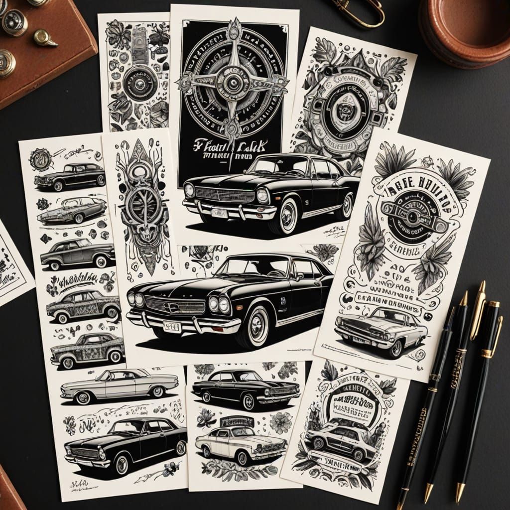 Flash Tattoos and Classic Cars in Pen and Ink