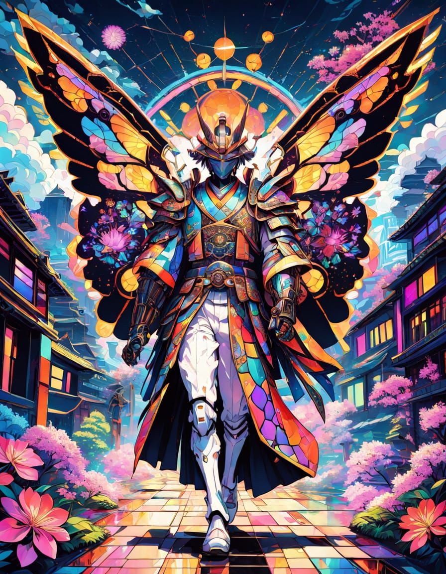 Winged Robot Samurai in Neon Sci-Fi City