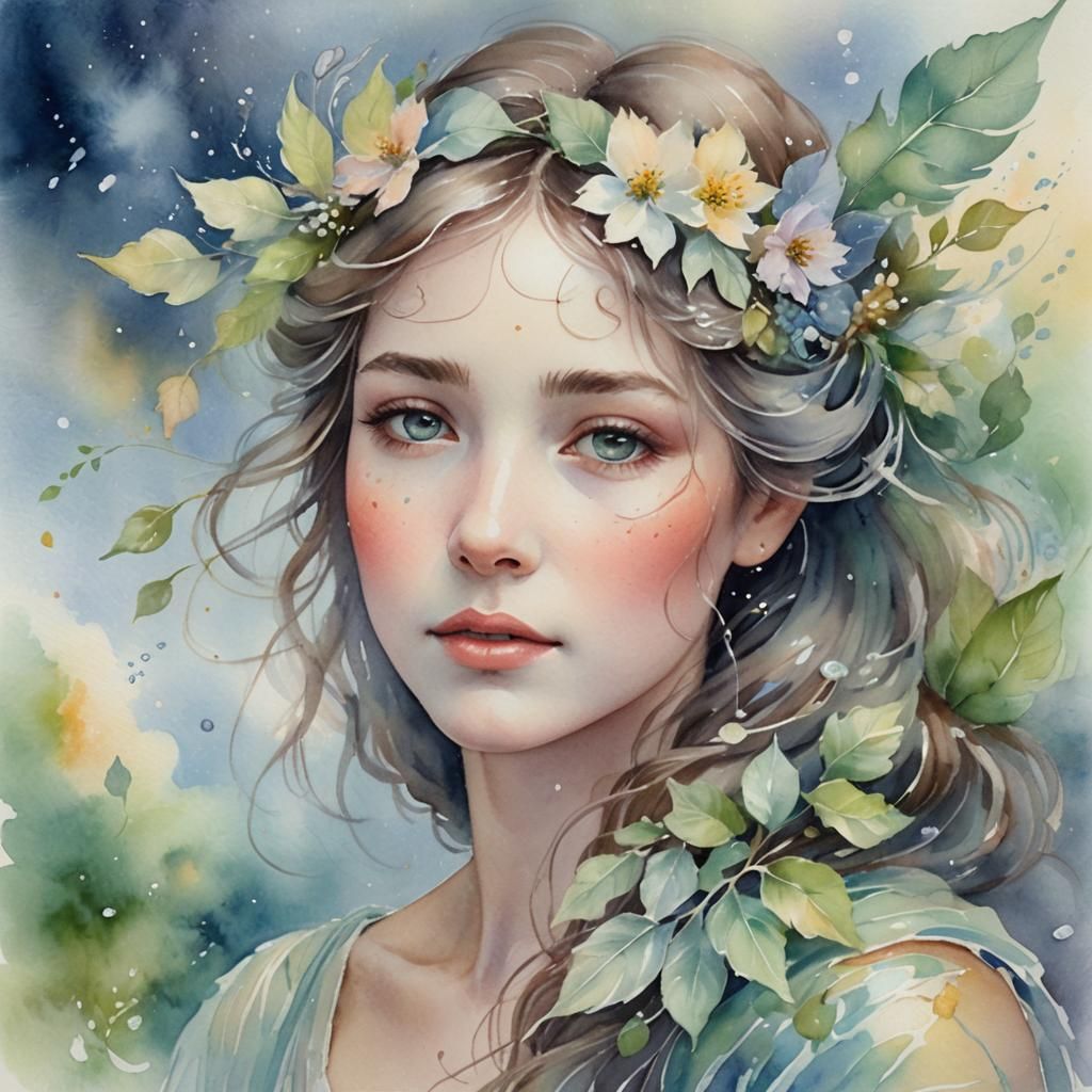 Ethereal Woman with Wings in Watercolor Style