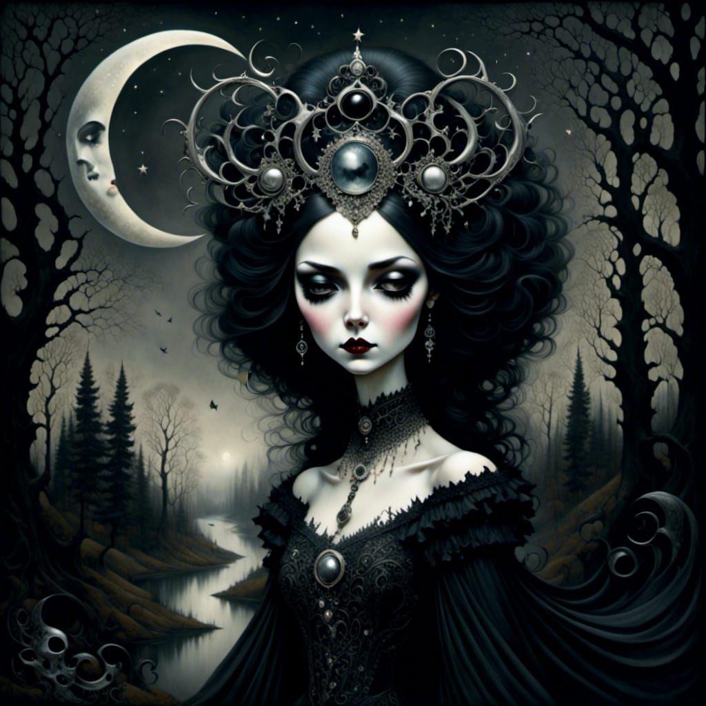 Gothic Moon Goddess in Mark Ryden Style