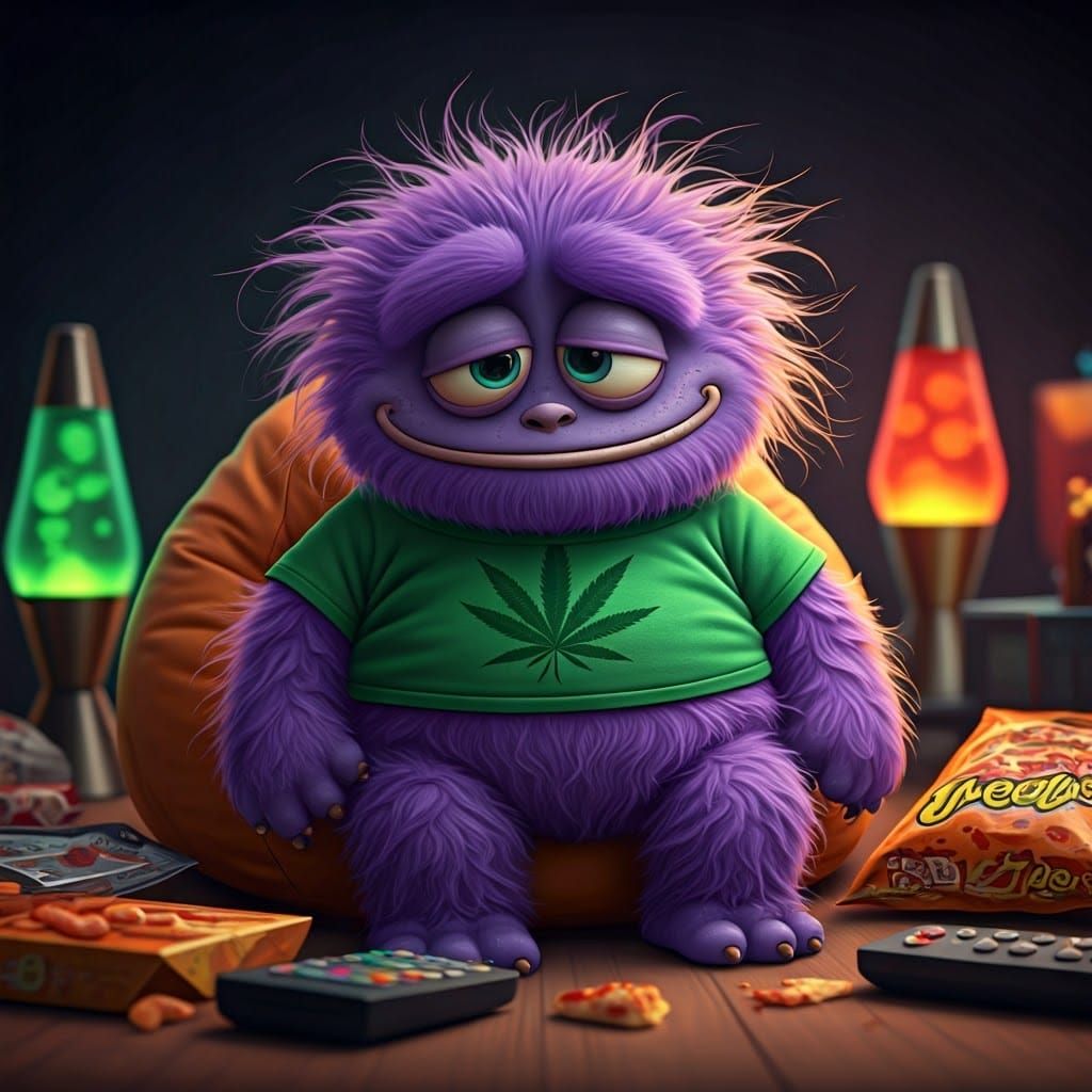 Tiny Monster Slumps in a Beanbag, Blissful with TV Remote