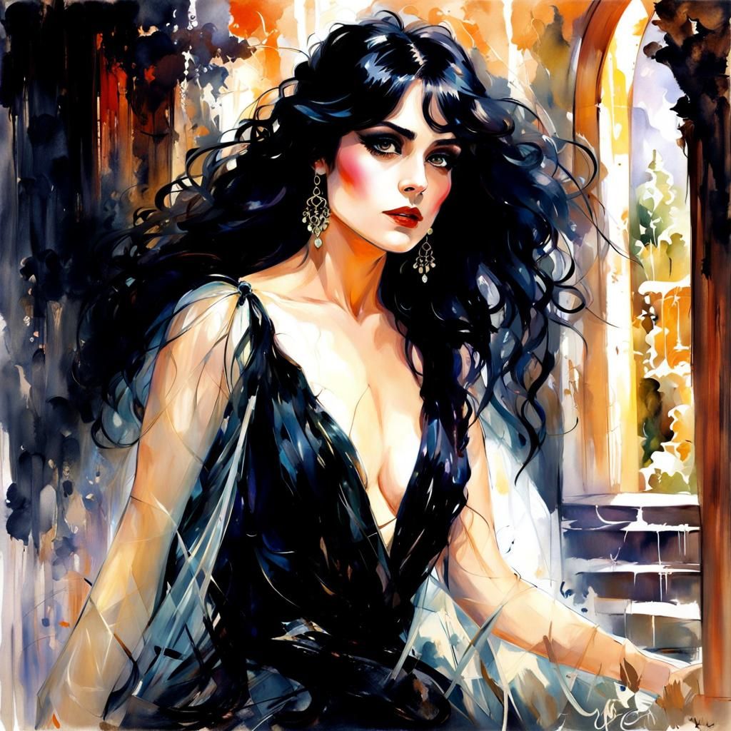 Theda Bara Portrait with Spanish Castle in Gothic Style