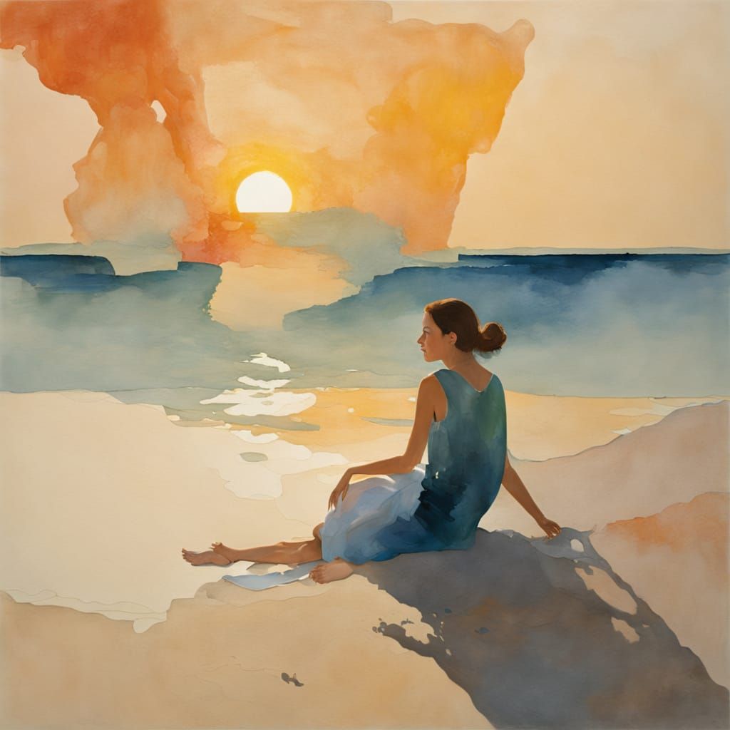 Woman Relaxing on Beach at Golden Hour in Helen Frankenthale...